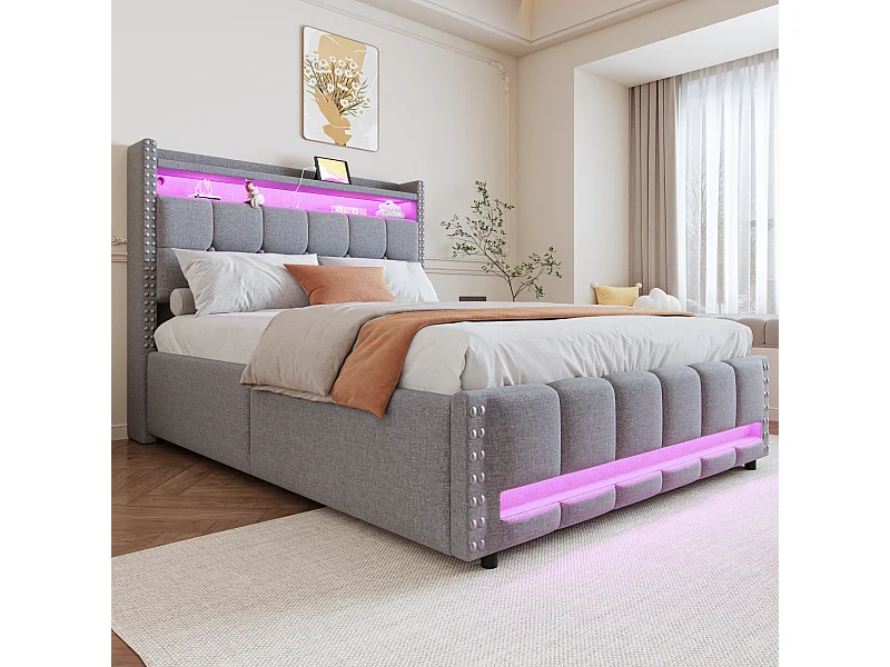 Cama de 140 x 200 cm con compartimentos, iluminación LED y toma USB, con somier y cabecero, color lino y gris.