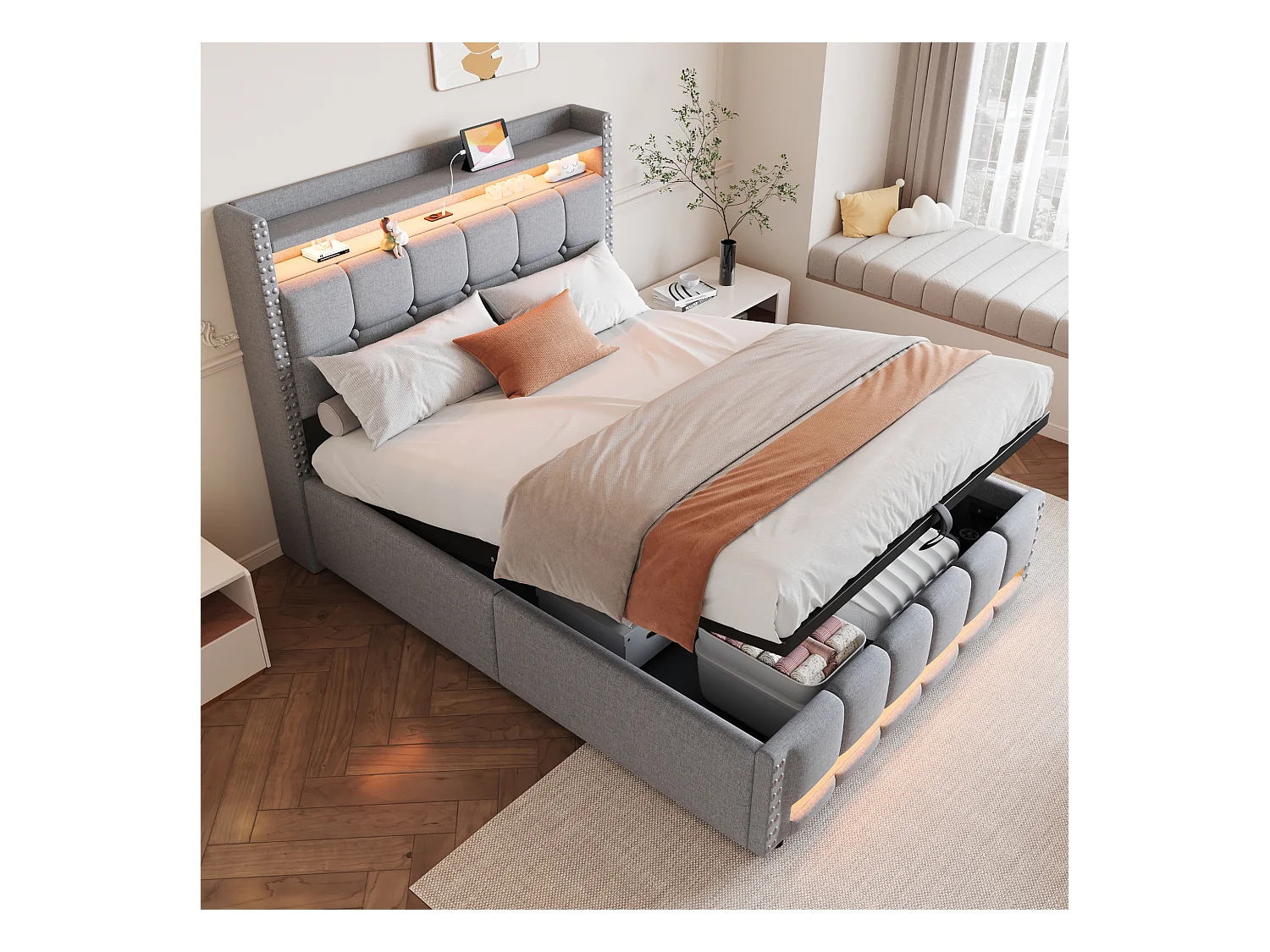 Cama com arrumação 140x200 com iluminação LED e tomada USB, com base de ripas e cabeceira, linho, cinza