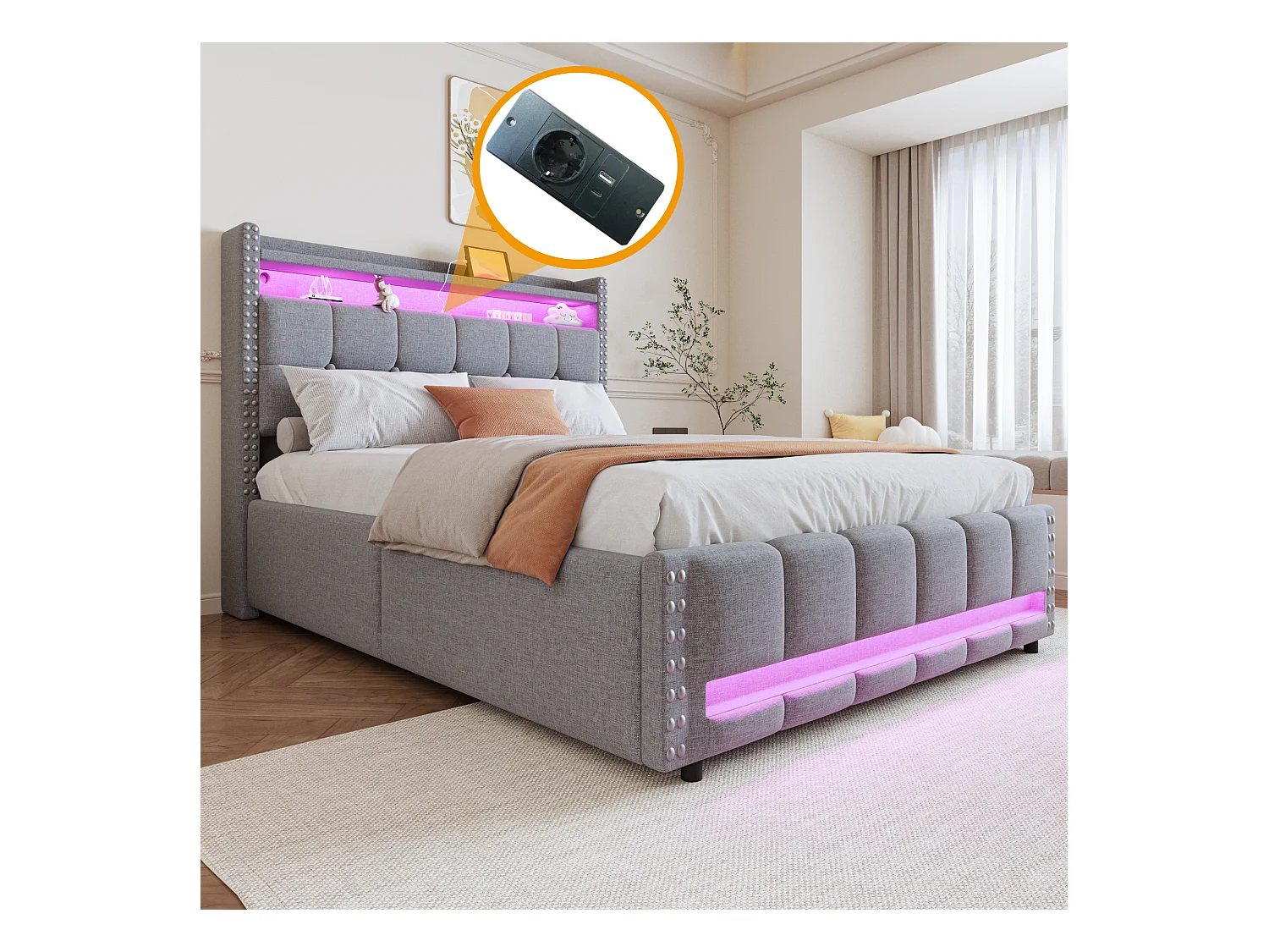 Cama com arrumação 140x200 com iluminação LED e tomada USB, com base de ripas e cabeceira, linho, cinza
