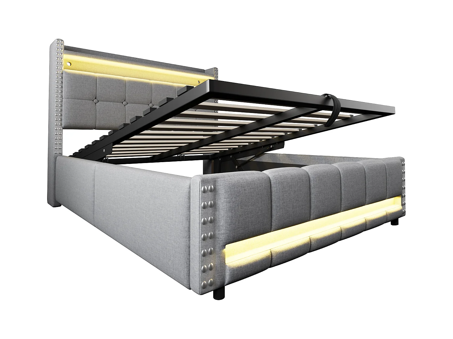 Cama com arrumação 140x200 com iluminação LED e tomada USB, com base de ripas e cabeceira, linho, cinza