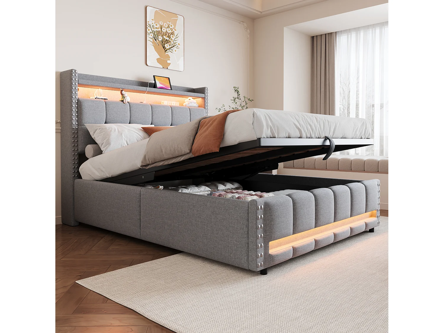 Opbergbed 140x200 met ledverlichting en USB-aansluiting, met lattenbodem en hoofdbord, linnen, grijs