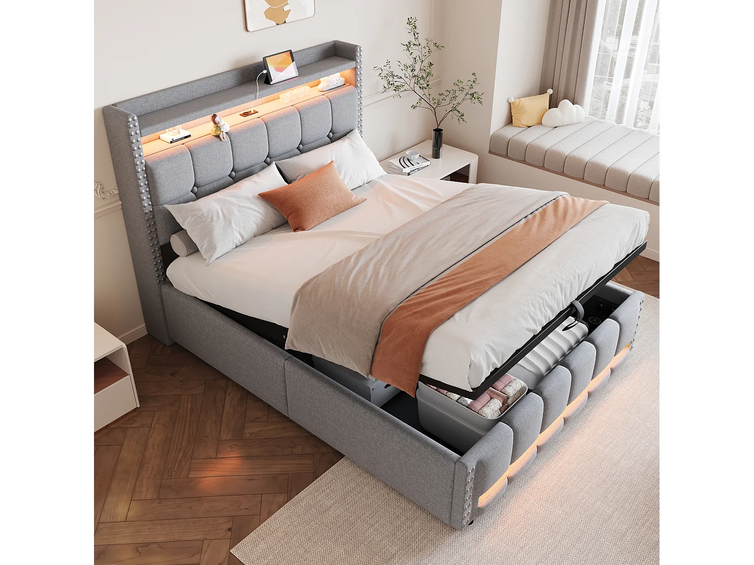 Opbergbed 140x200 met ledverlichting en USB-aansluiting, met lattenbodem en hoofdbord, linnen, grijs