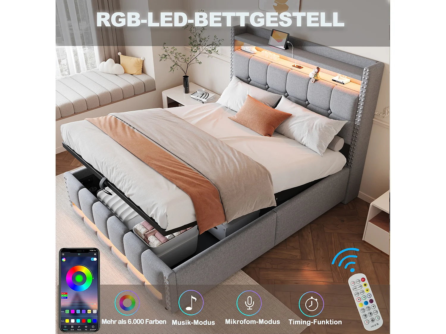 Opbergbed 140x200 met ledverlichting en USB-aansluiting, met lattenbodem en hoofdbord, linnen, grijs