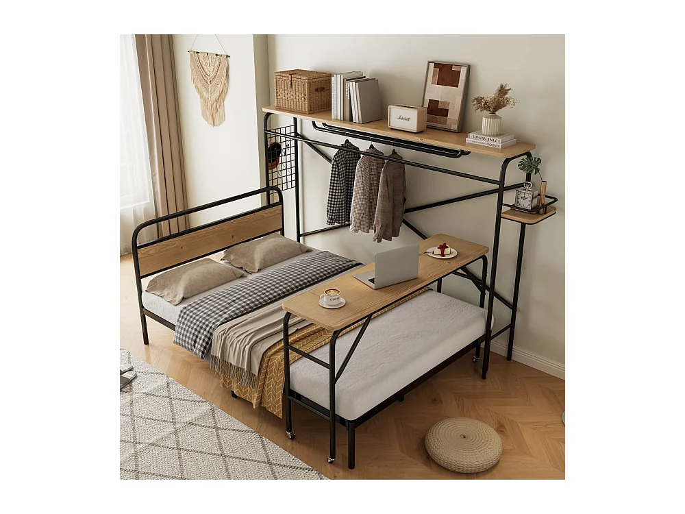 Lit double en métal 140x200 cm lits plats table portemanteau vertical table à roulettes meuble chambre adolescents adultes structure métal MDF noir naturel