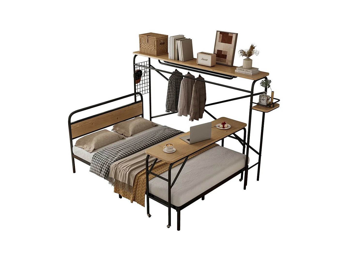 Lit double en métal 140x200 cm lits plats table portemanteau vertical table à roulettes meuble chambre adolescents adultes structure métal MDF noir naturel