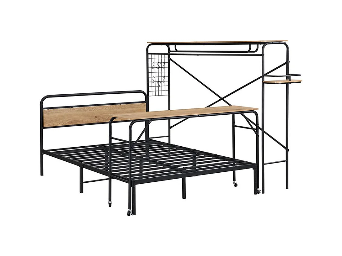 Lit double en métal 140x200 cm lits plats table portemanteau vertical table à roulettes meuble chambre adolescents adultes structure métal MDF noir naturel