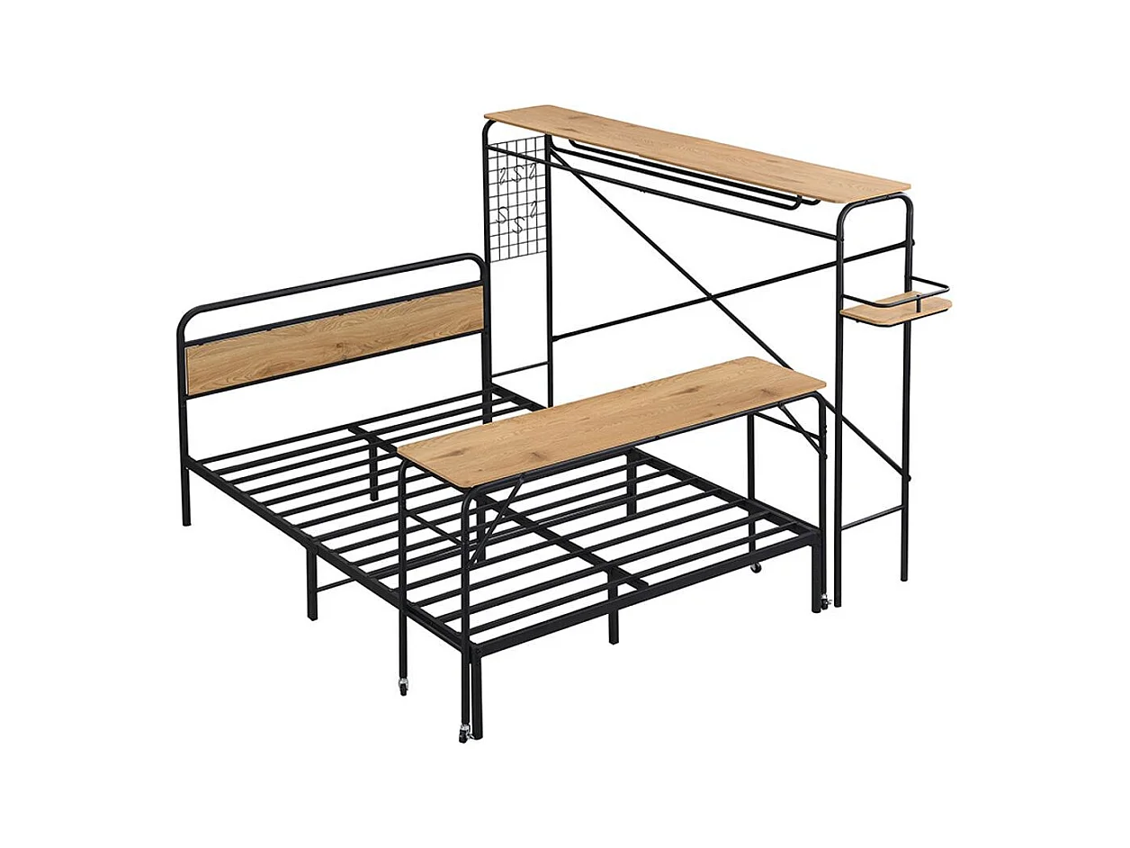 Lit double en métal 140x200 cm lits plats table portemanteau vertical table à roulettes meuble chambre adolescents adultes structure métal MDF noir naturel