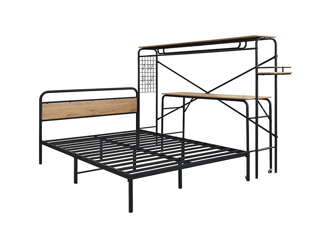 Lit double en métal 140x200 cm lits plats table portemanteau vertical table à roulettes meuble chambre adolescents adultes structure métal MDF noir naturel