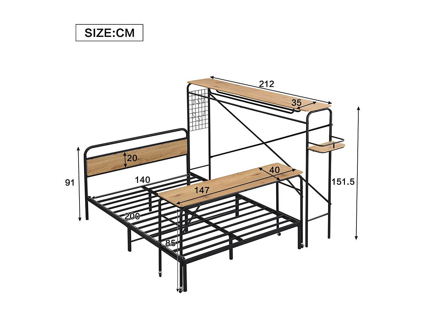 Lit double en métal 140x200 cm lits plats table portemanteau vertical table à roulettes meuble chambre adolescents adultes structure métal MDF noir naturel