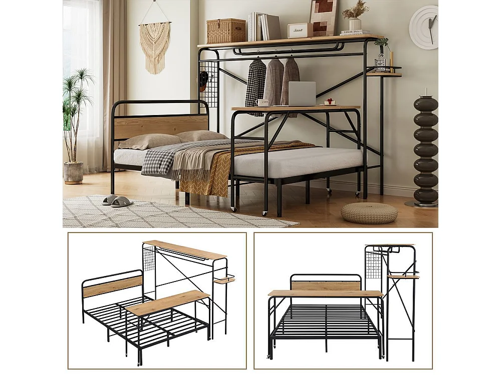 Lit double en métal 140x200 cm lits plats table portemanteau vertical table à roulettes meuble chambre adolescents adultes structure métal MDF noir naturel