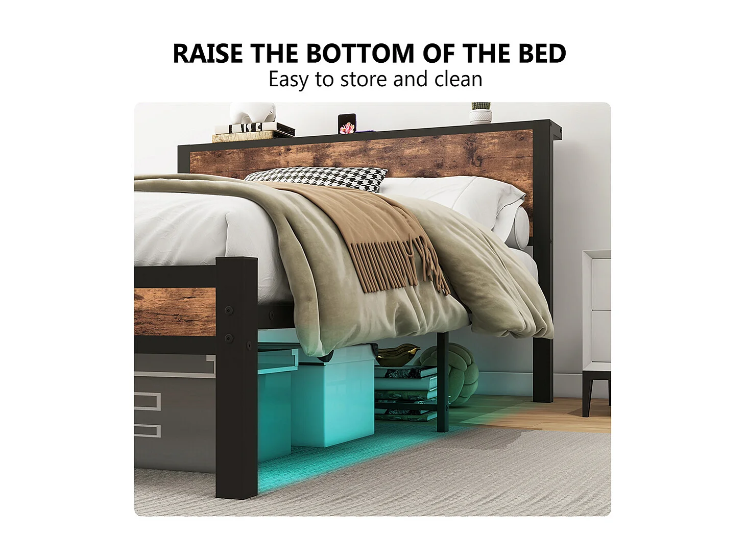 Lit adulte métallique 140x200 cm avec tête de lit et rangement sommier plateforme simple silencieux sans sommier tapissier vintage marron