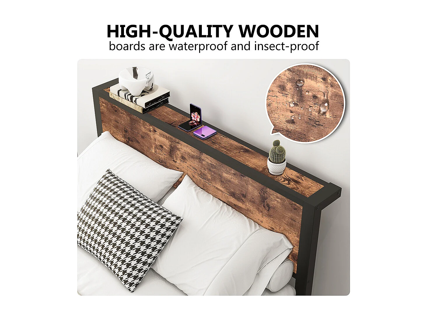 Lit adulte métallique 140x200 cm avec tête de lit et rangement sommier plateforme simple silencieux sans sommier tapissier vintage marron