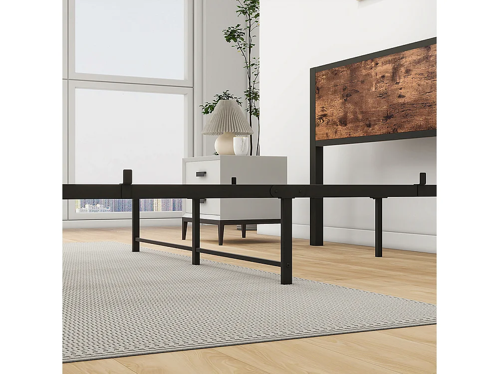 Lit adulte métallique 140x200 cm avec tête de lit et rangement sommier plateforme simple silencieux sans sommier tapissier vintage marron