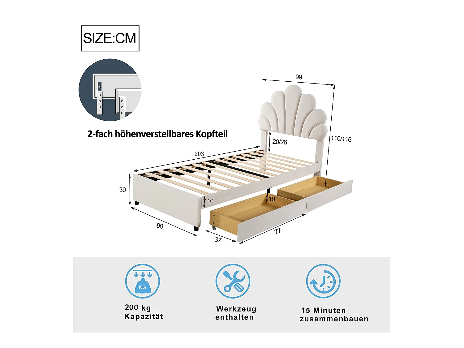 Lit Double 90x200cm Avec Tête de Lit en Forme de Fleur, Sommier à Lattes, Velours, Beige