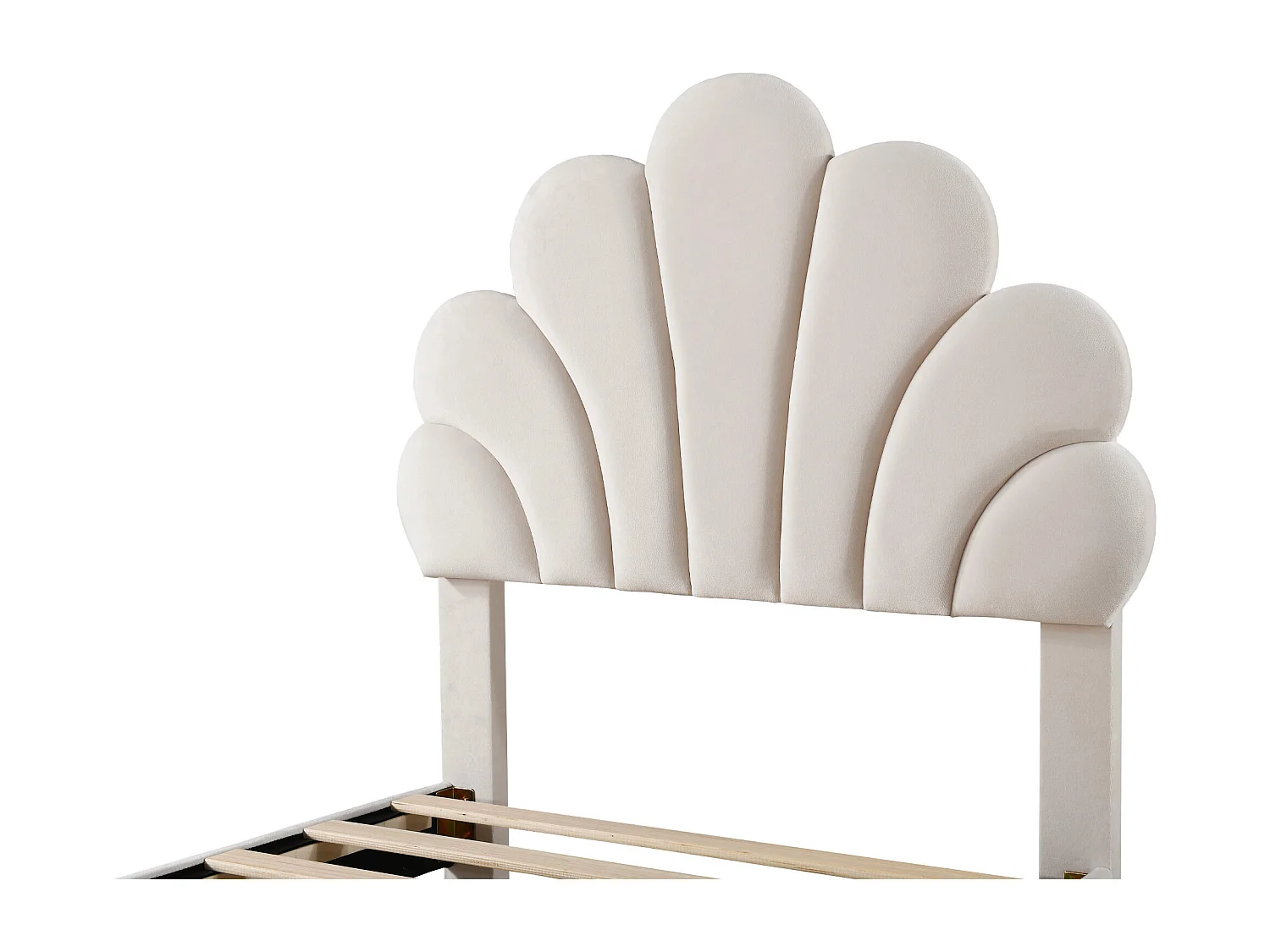 Lit Double 90x200cm Avec Tête de Lit en Forme de Fleur, Sommier à Lattes, Velours, Beige