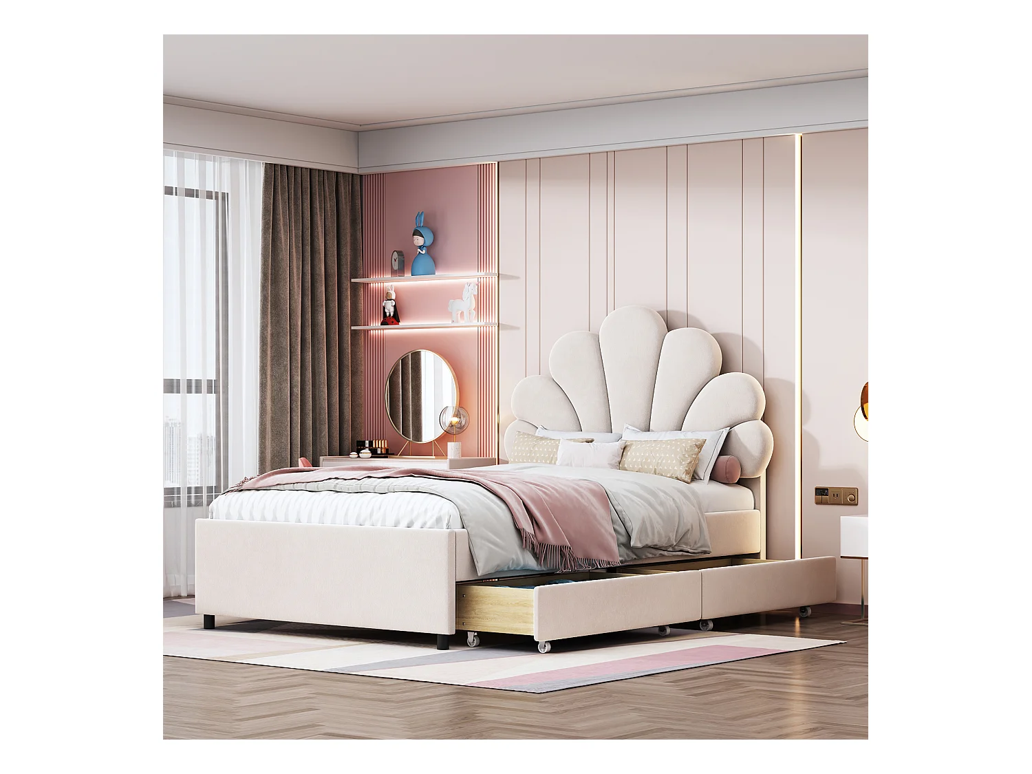 Cama de casal 90x200cm com cabeceira de flores, base de ripas, veludo, bege
