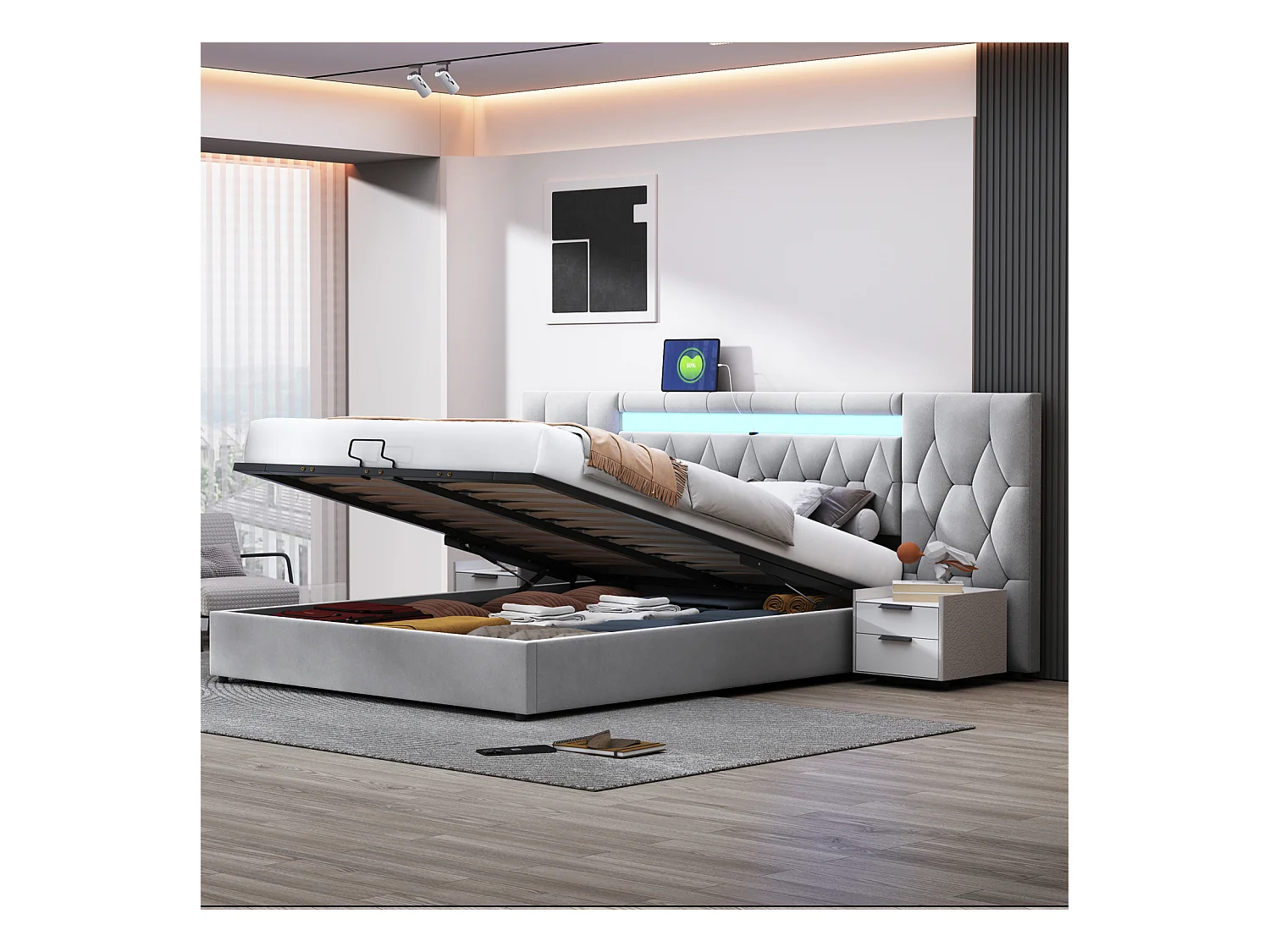 Cama doble con almacenaje, somier de 180x200 cm, con LED y USB, cama para adultos, respaldo grande, gris