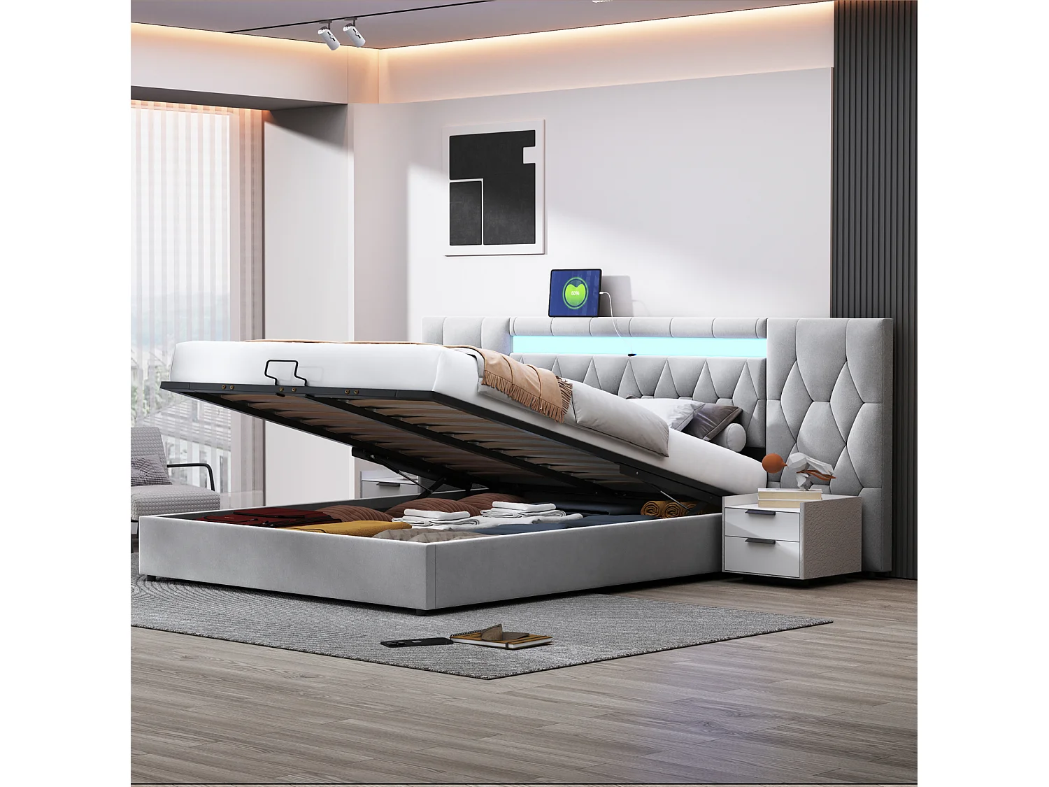 Cama de casal com arrumação, estrado de ripas de 180x200 cm, com entradas LED e USB, cama para adultos, encosto alto, cinza.