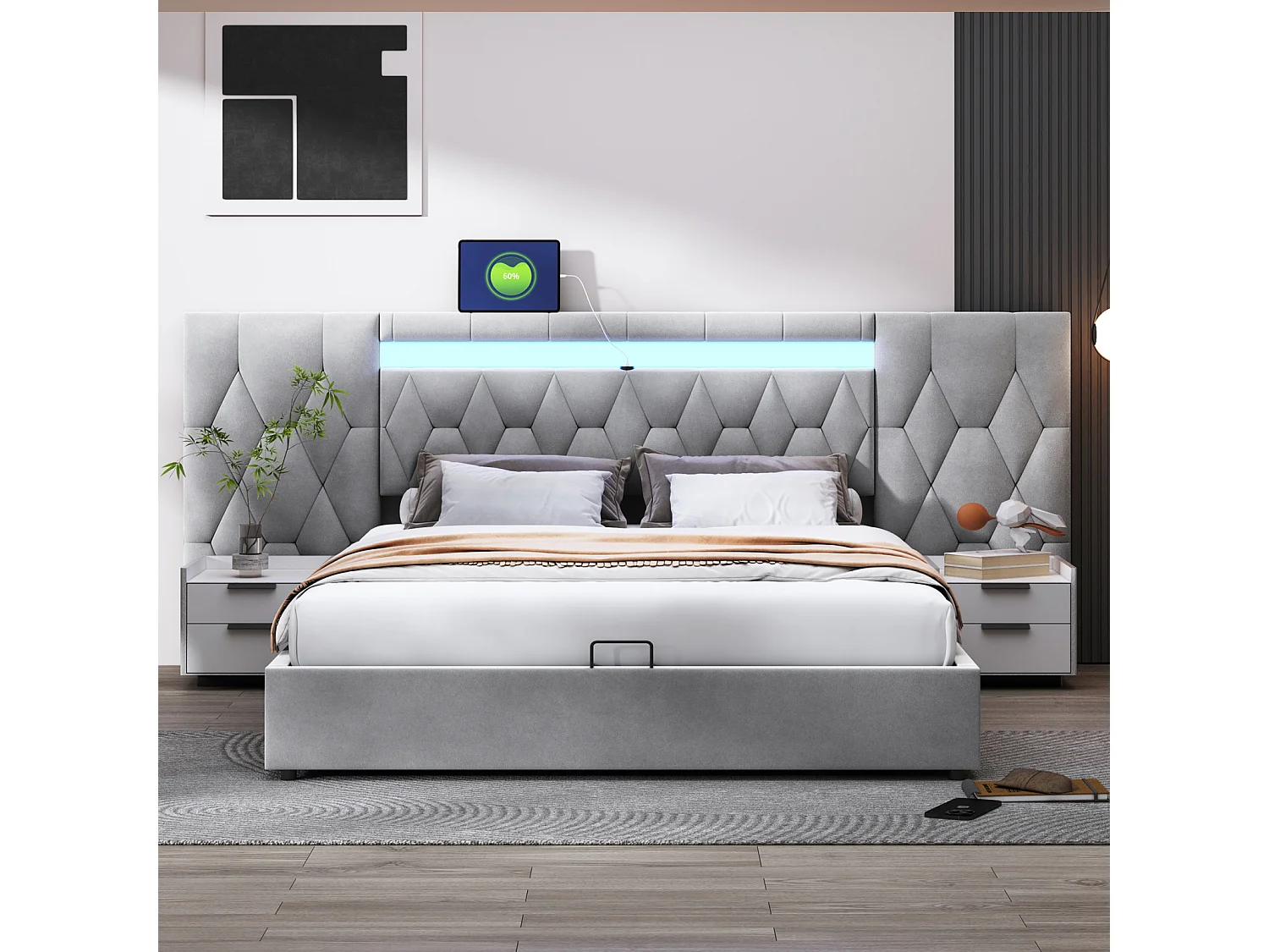 Cama de casal com arrumação, estrado de ripas de 180x200 cm, com entradas LED e USB, cama para adultos, encosto alto, cinza.