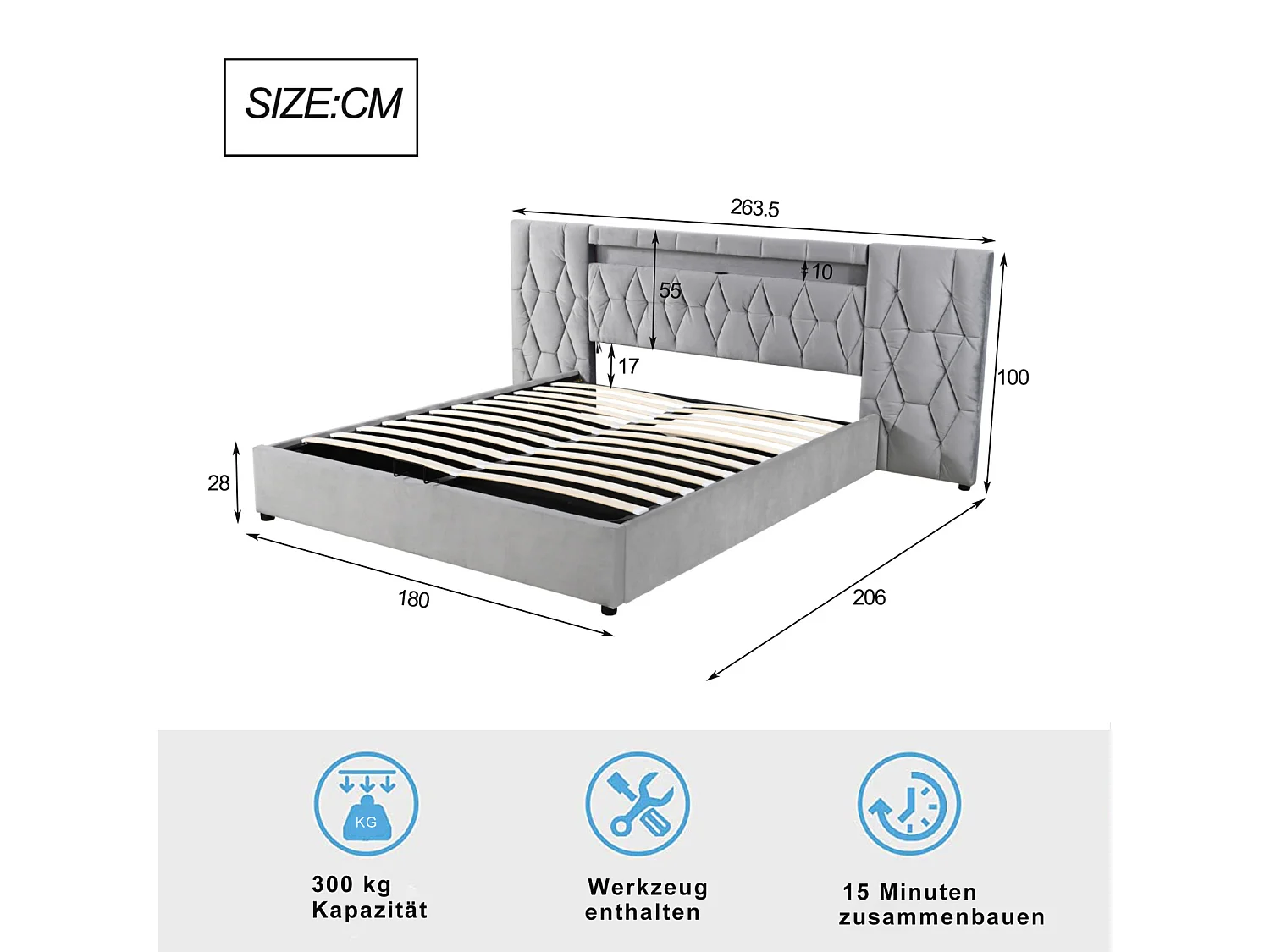 Cama de casal com arrumação, estrado de ripas de 180x200 cm, com entradas LED e USB, cama para adultos, encosto alto, cinza.