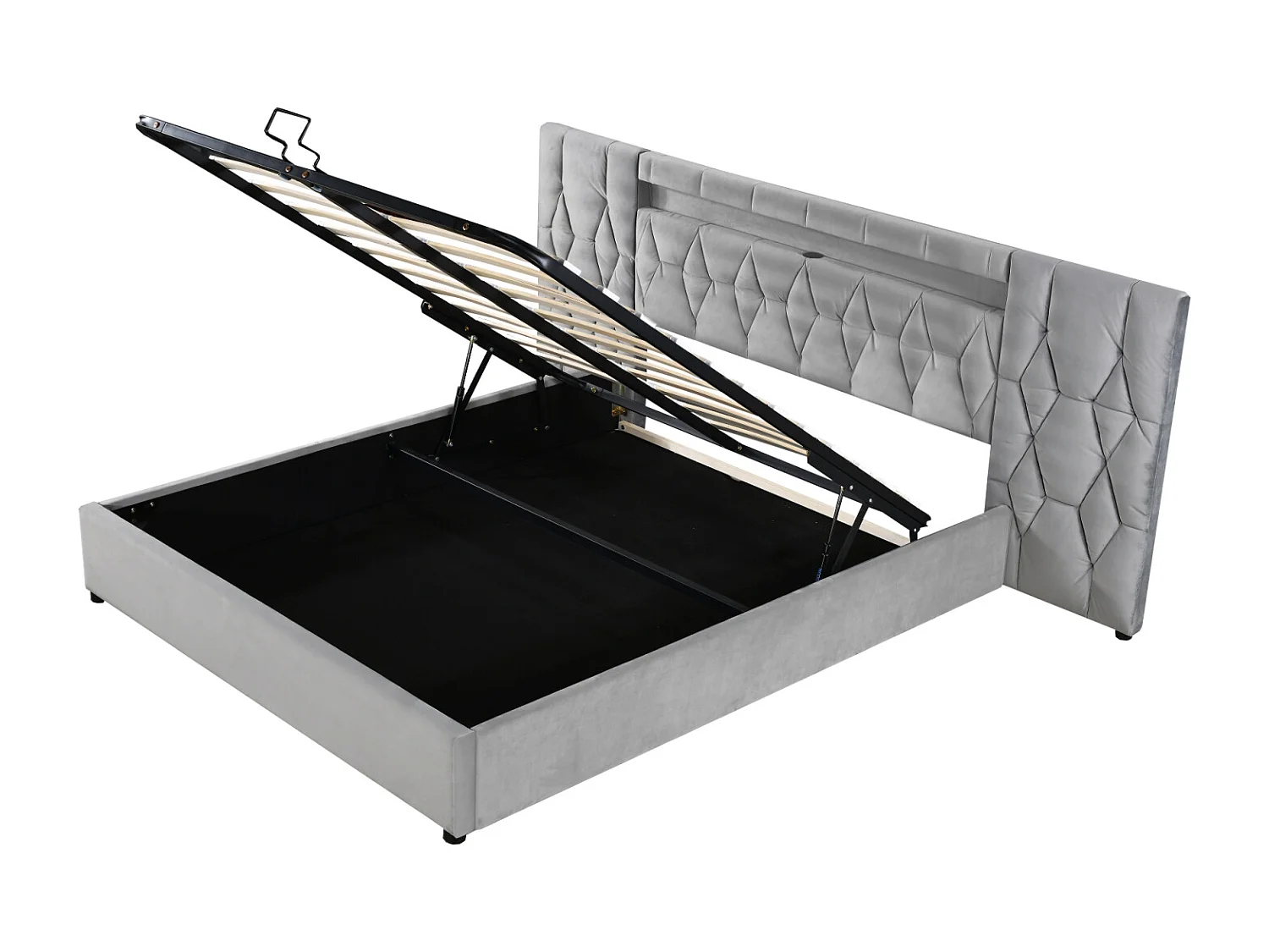Cama de casal com arrumação, estrado de ripas de 180x200 cm, com entradas LED e USB, cama para adultos, encosto alto, cinza.