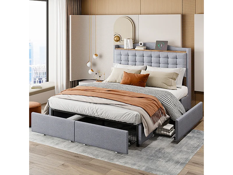 Cama 140 x 200 cm con almacenaje y toma USB - Estructura con 4 cajones y somier, Gris