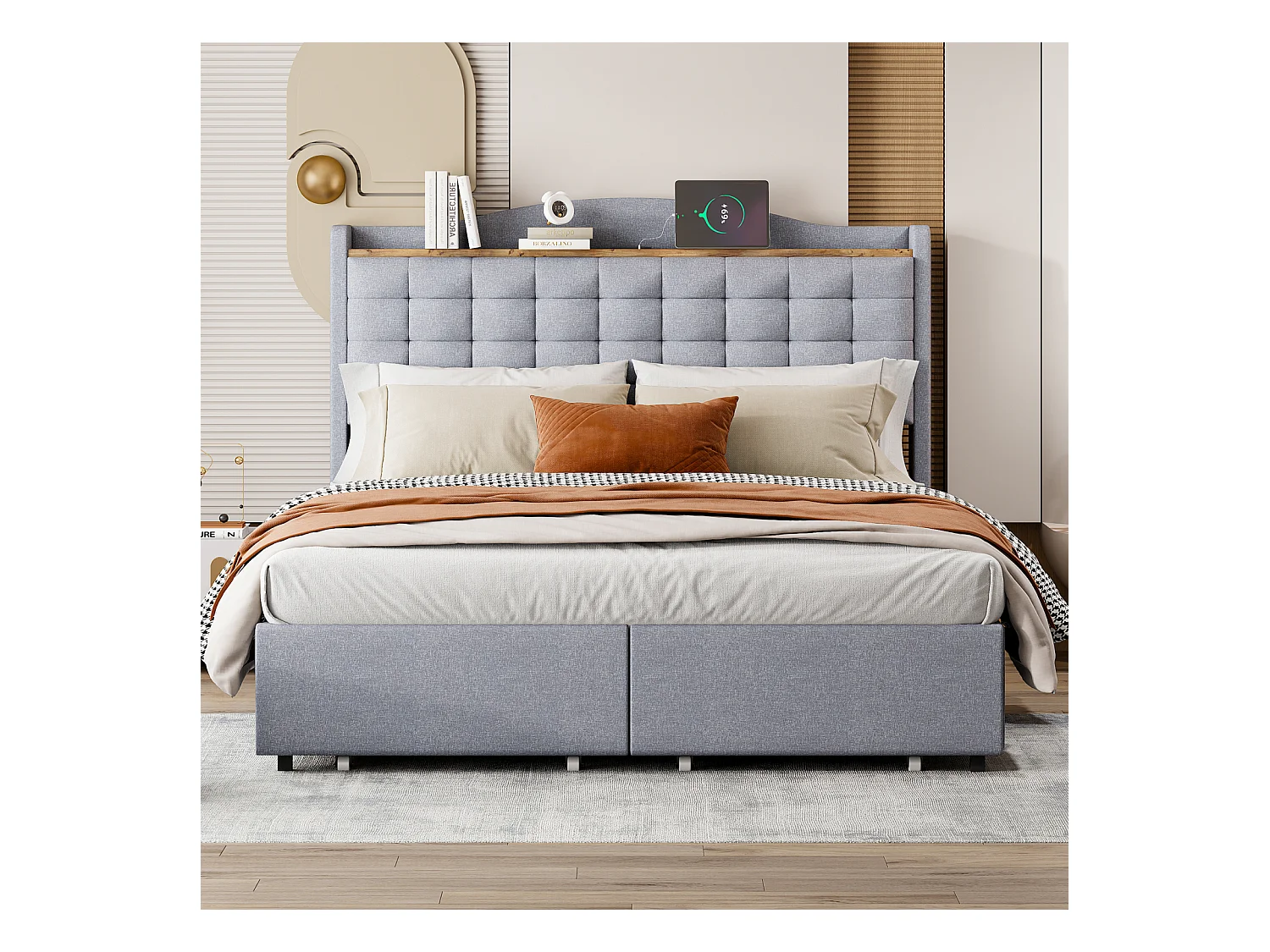 Cama 140 x 200 cm com arrumação e tomada USB - Estrutura com 4 gavetas e estrado de ripas, Cinzento