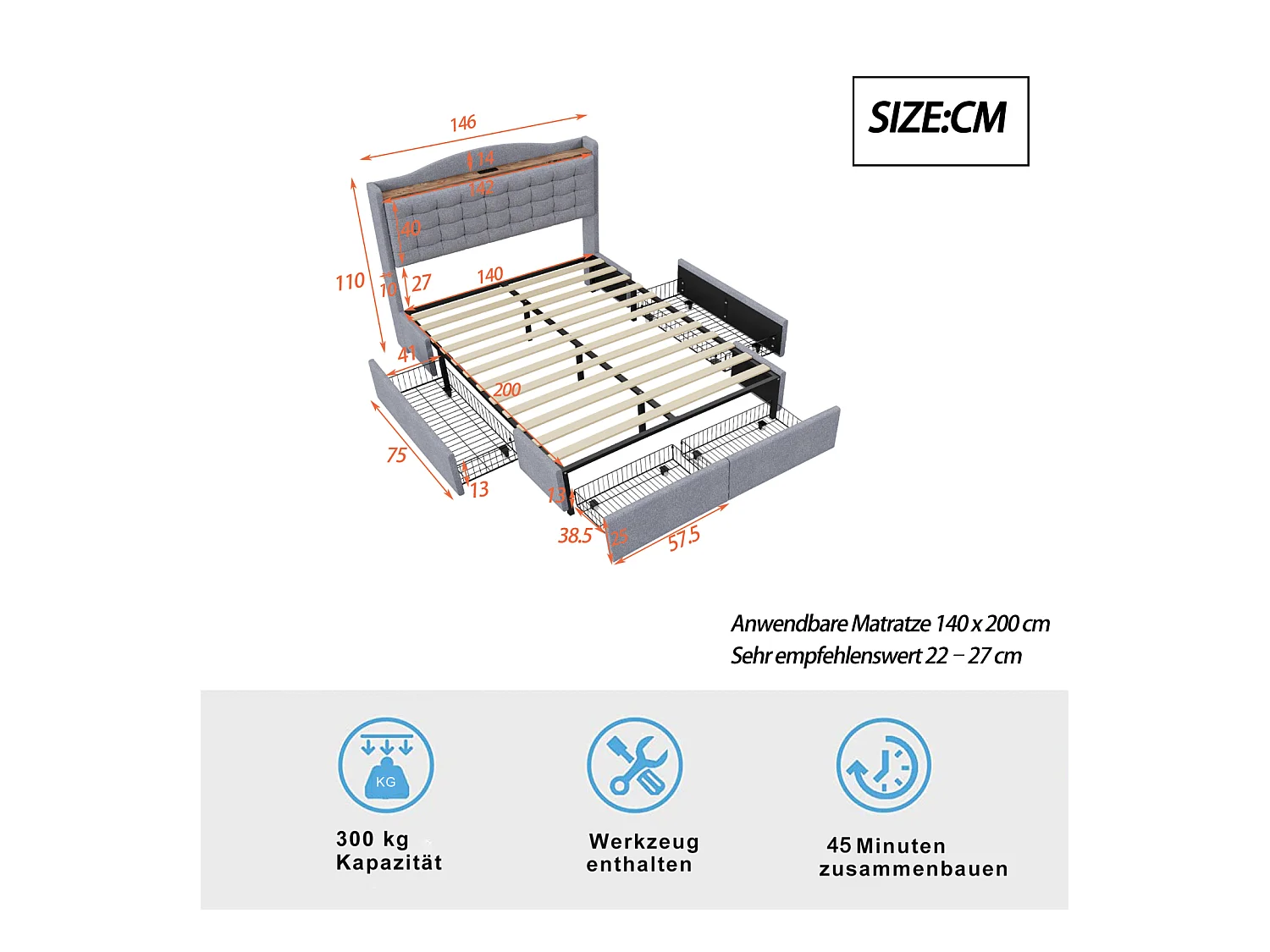 Cama 140 x 200 cm com arrumação e tomada USB - Estrutura com 4 gavetas e estrado de ripas, Cinzento