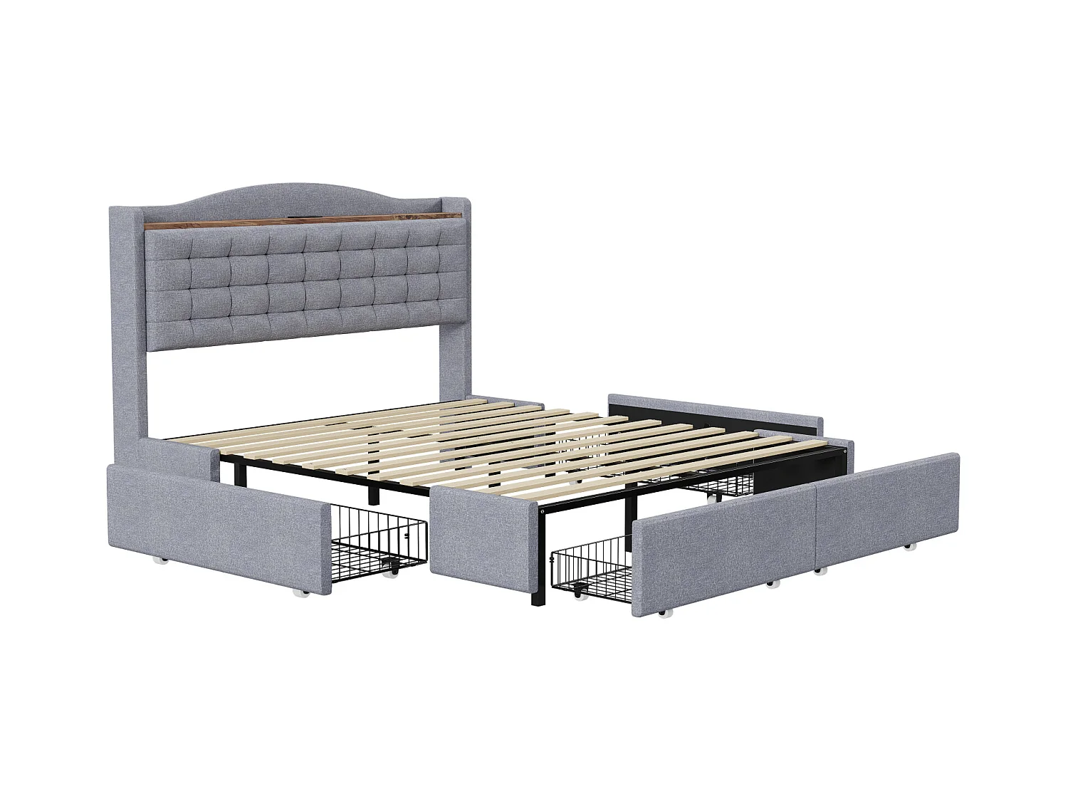 Cama 140 x 200 cm com arrumação e tomada USB - Estrutura com 4 gavetas e estrado de ripas, Cinzento