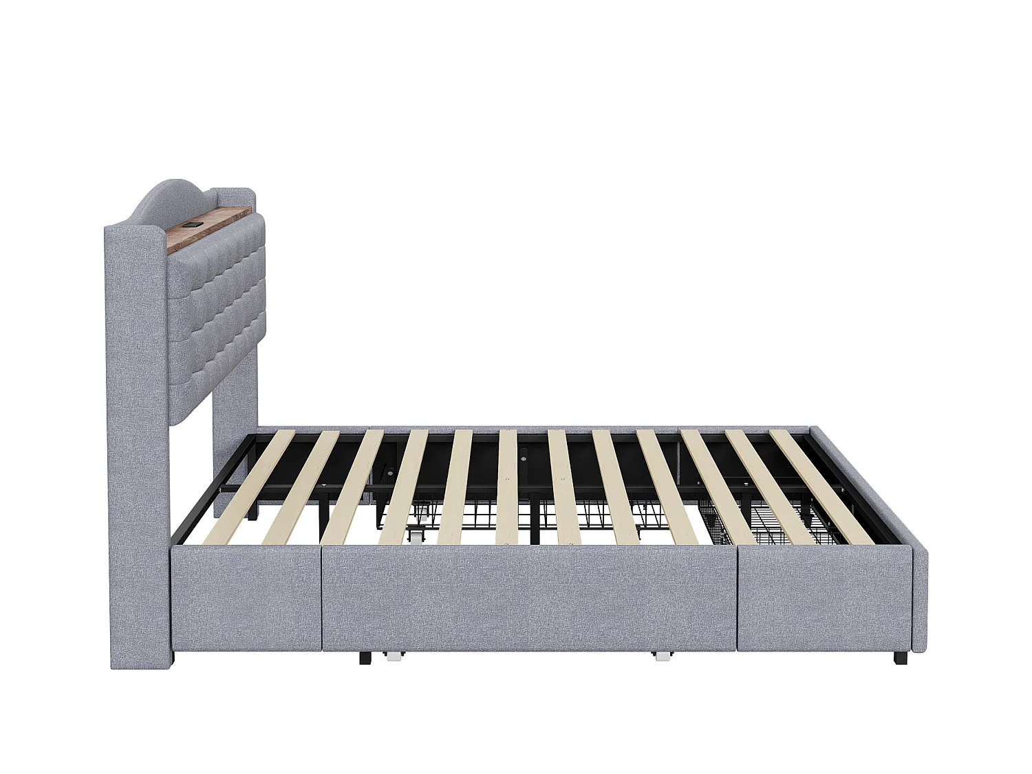 Cama 140 x 200 cm com arrumação e tomada USB - Estrutura com 4 gavetas e estrado de ripas, Cinzento