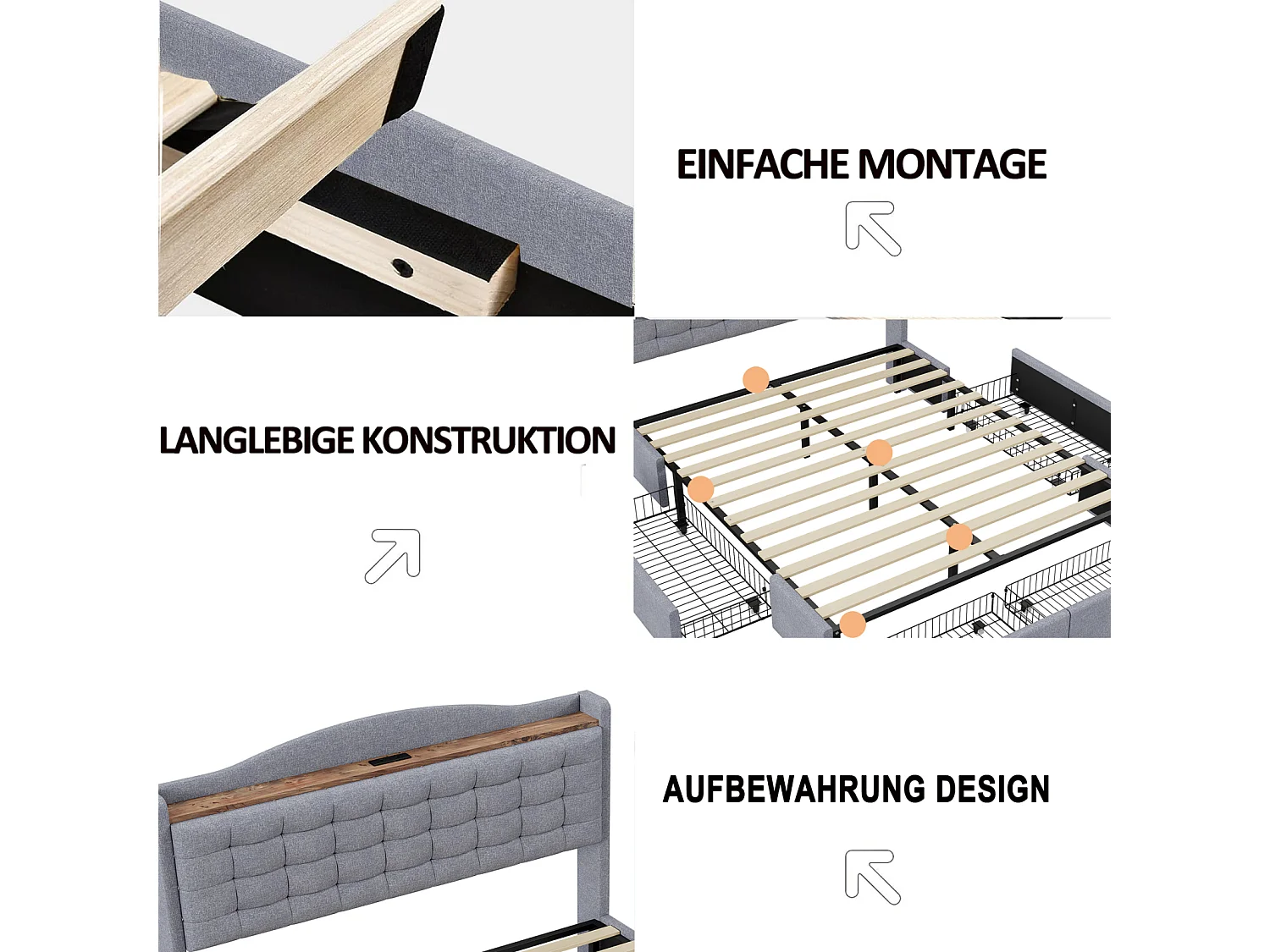 Lit 140 x 200 cm Avec Rangement et USB Prise - Cadre Avec 4 Tiroirs et Sommier à Lattes, Gris