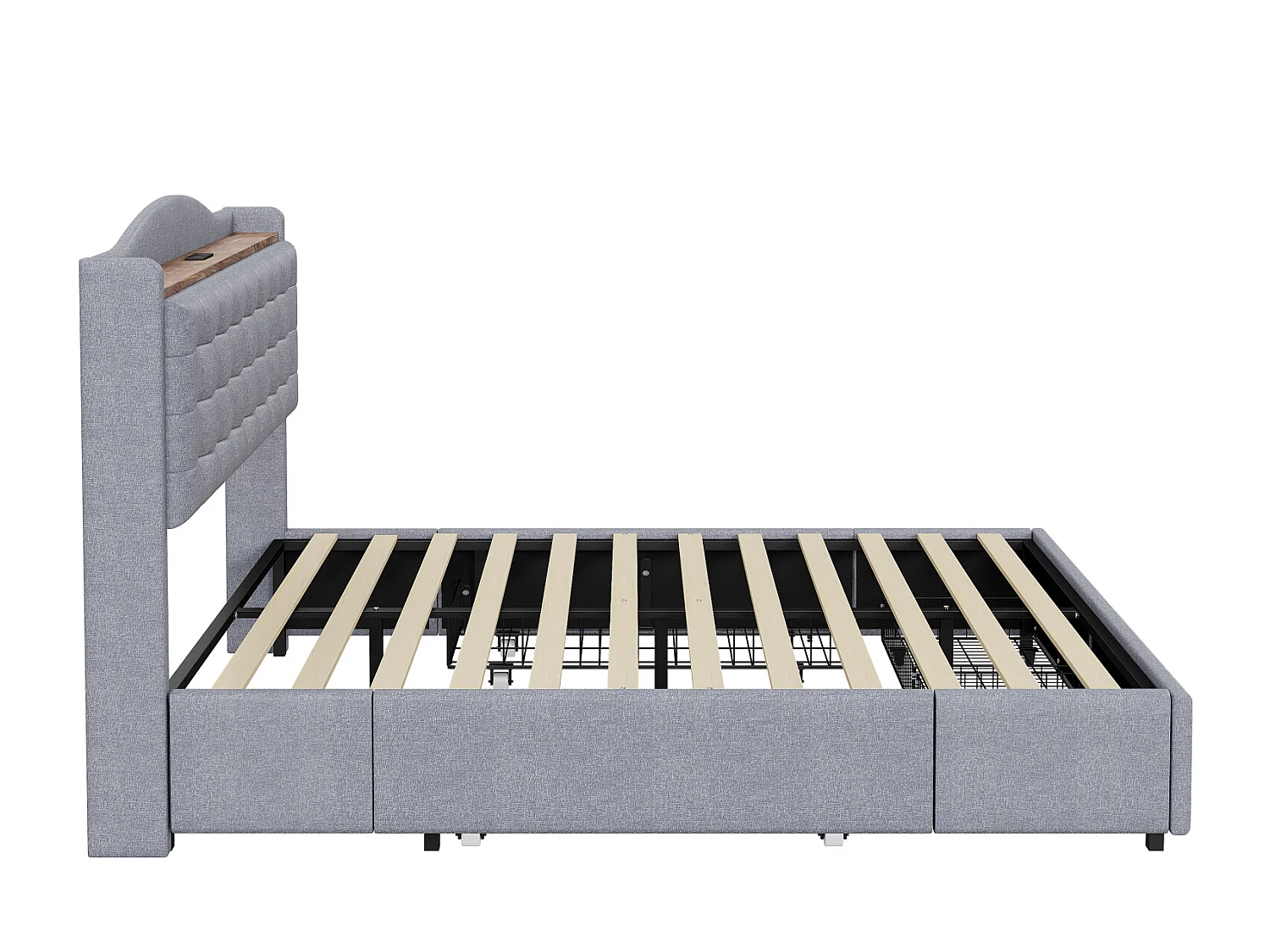 Lit 140 x 200 cm Avec Rangement et USB Prise - Cadre Avec 4 Tiroirs et Sommier à Lattes, Gris