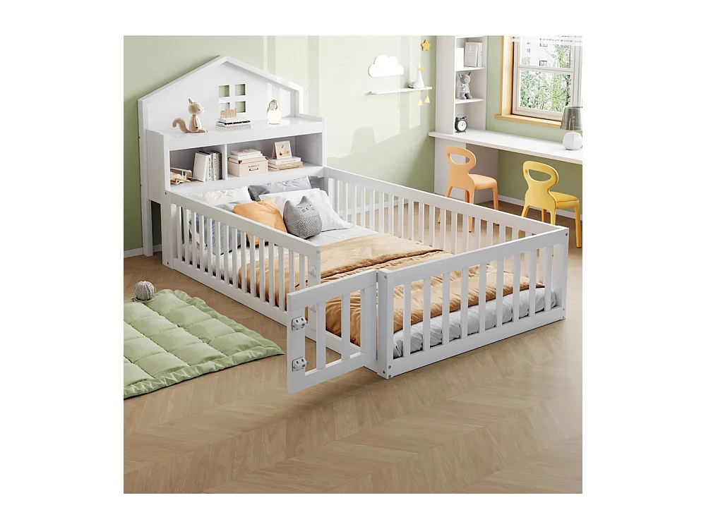 Lit enfant en bois 90x200 avec étagères et espace de rangement avec barrière de sécurité et porte avec baguette pour photos avec sommier à lattes blanc