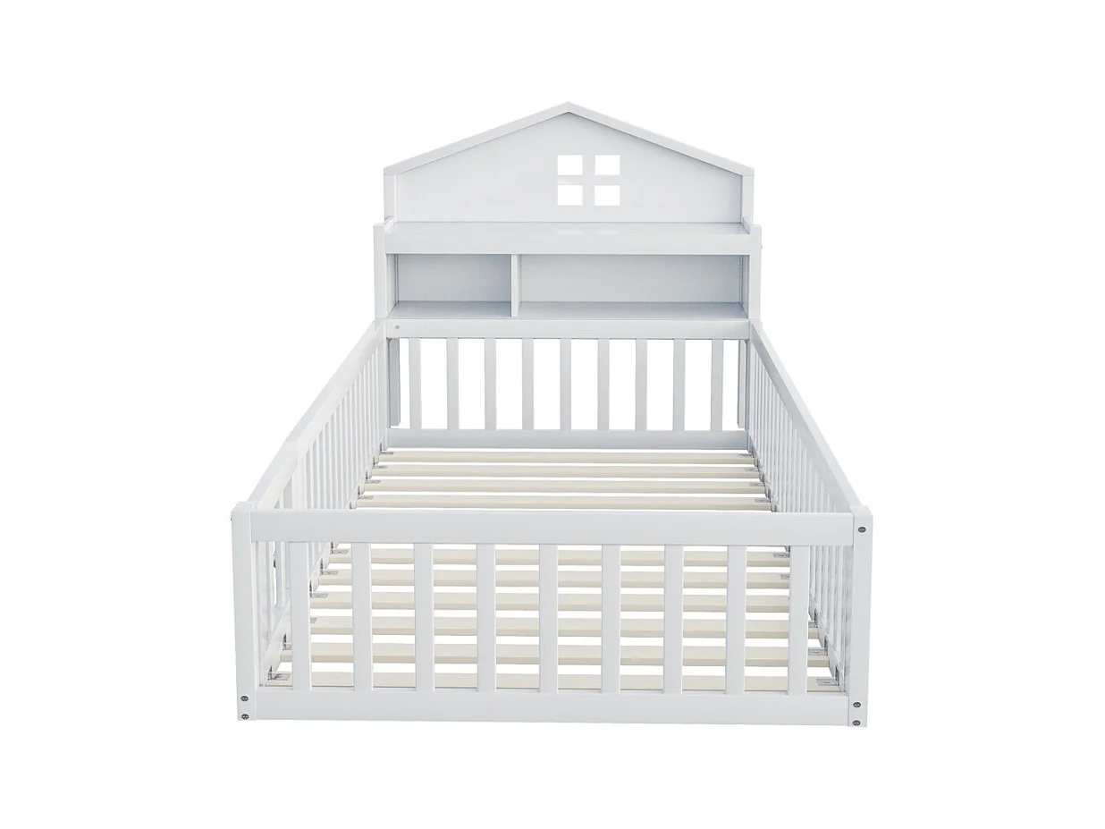 Lit enfant en bois 90x200 avec étagères et espace de rangement avec barrière de sécurité et porte avec baguette pour photos avec sommier à lattes blanc