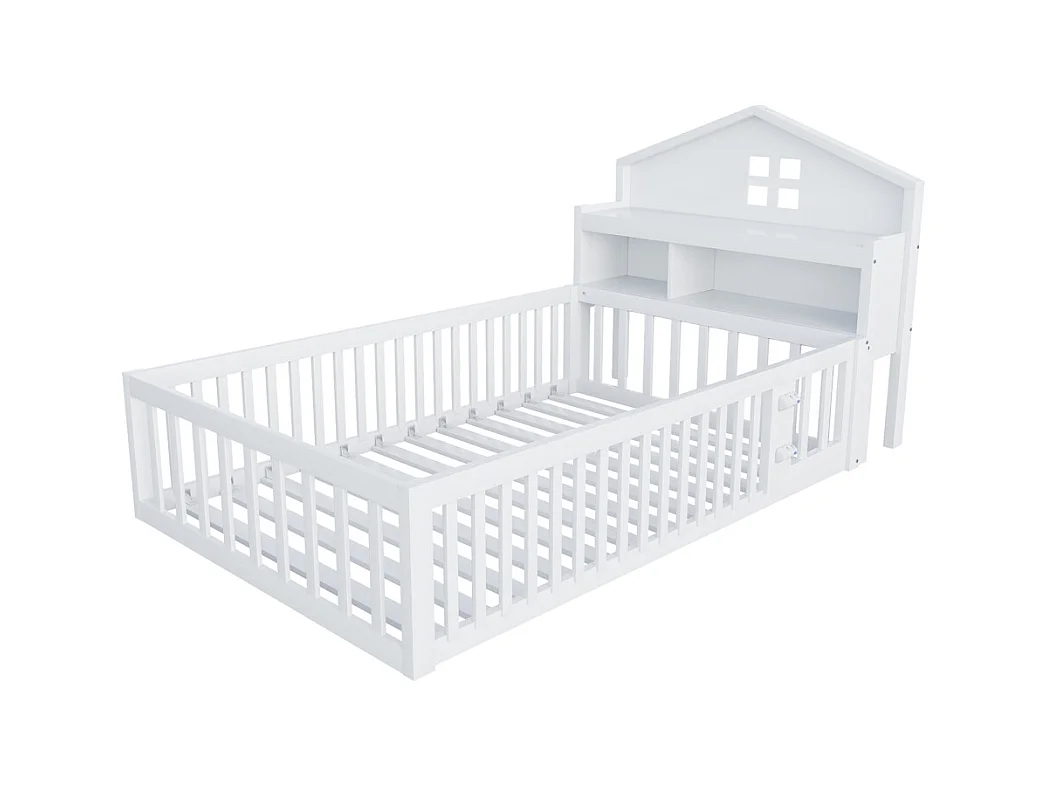 Lit enfant en bois 90x200 avec étagères et espace de rangement avec barrière de sécurité et porte avec baguette pour photos avec sommier à lattes blanc