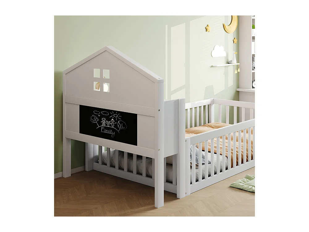 Lit enfant en bois 90x200 avec étagères et espace de rangement avec barrière de sécurité et porte avec baguette pour photos avec sommier à lattes blanc