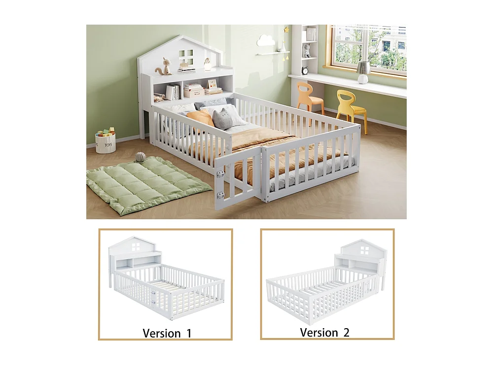 Lit enfant en bois 90x200 avec étagères et espace de rangement avec barrière de sécurité et porte avec baguette pour photos avec sommier à lattes blanc