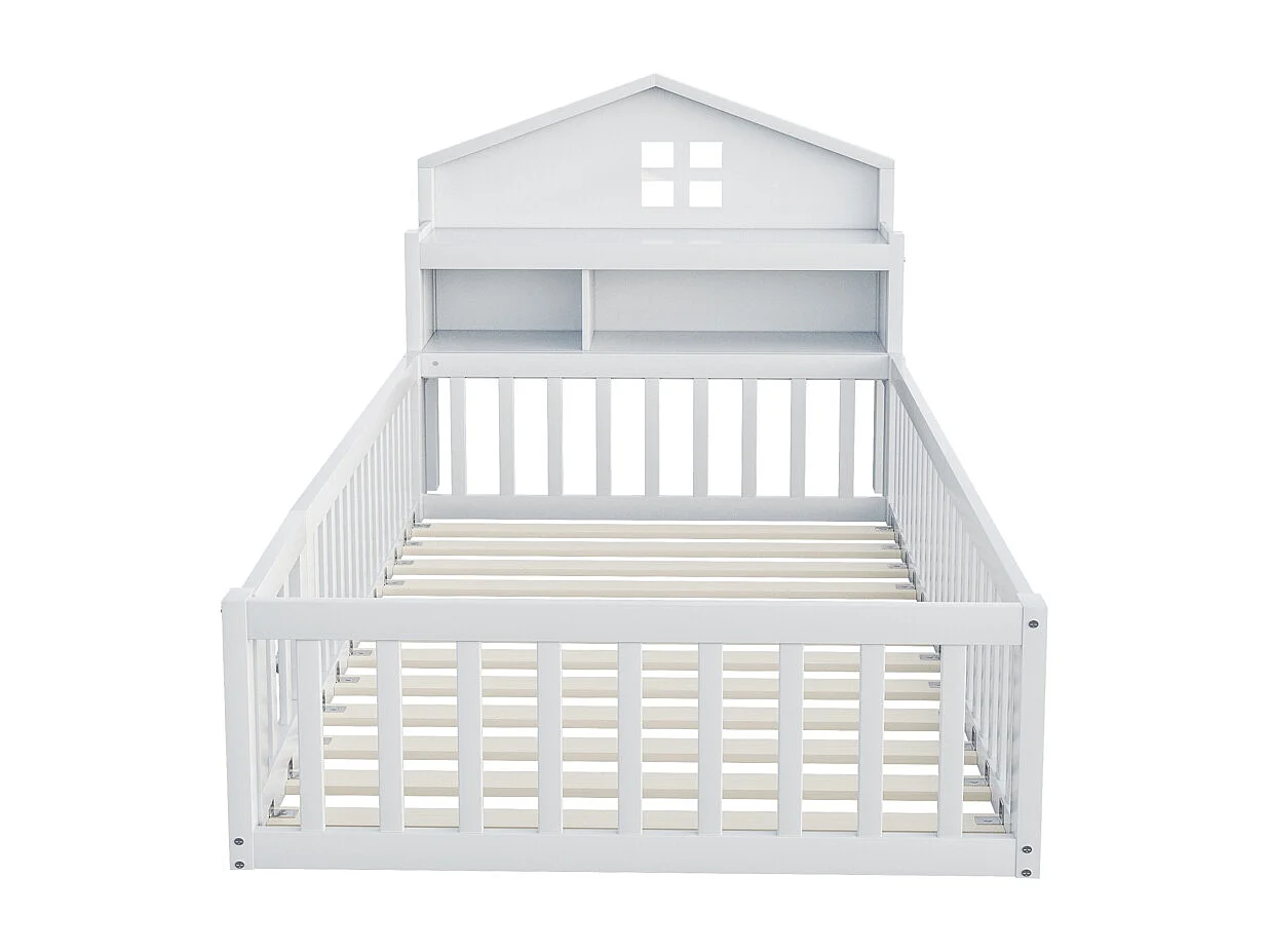 Lit enfant en bois 90x200 avec étagères et espace de rangement avec barrière de sécurité et porte avec baguette pour photos avec sommier à lattes blanc