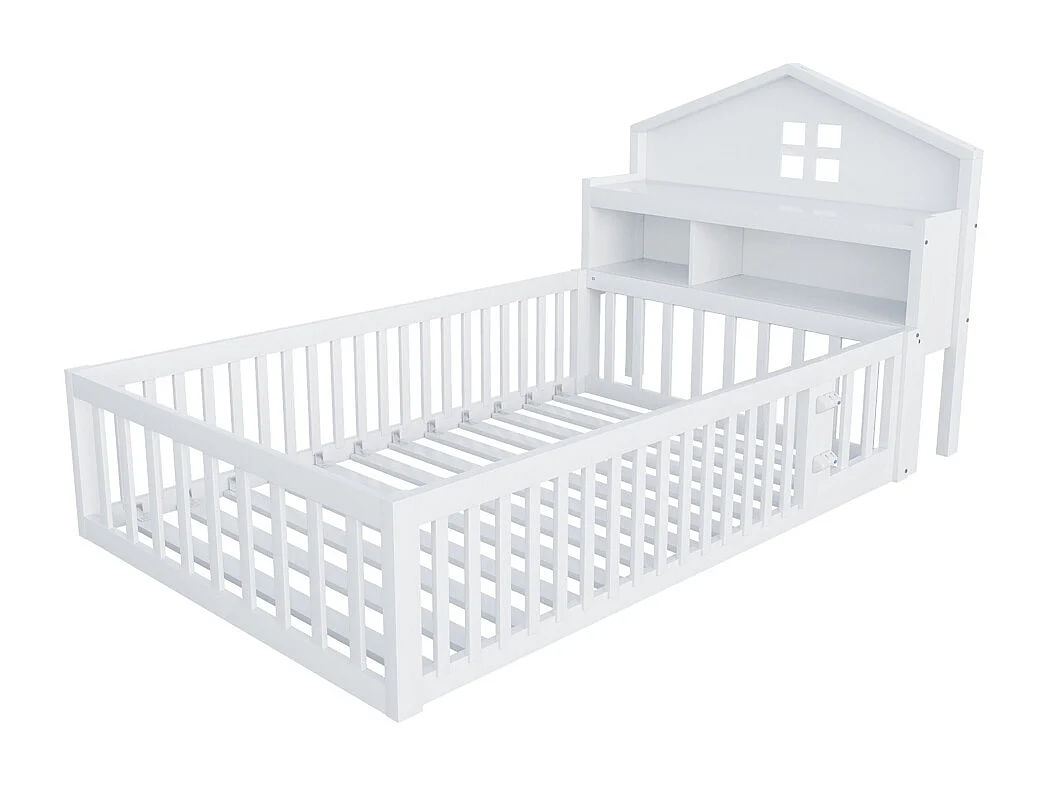 Lit enfant en bois 90x200 avec étagères et espace de rangement avec barrière de sécurité et porte avec baguette pour photos avec sommier à lattes blanc