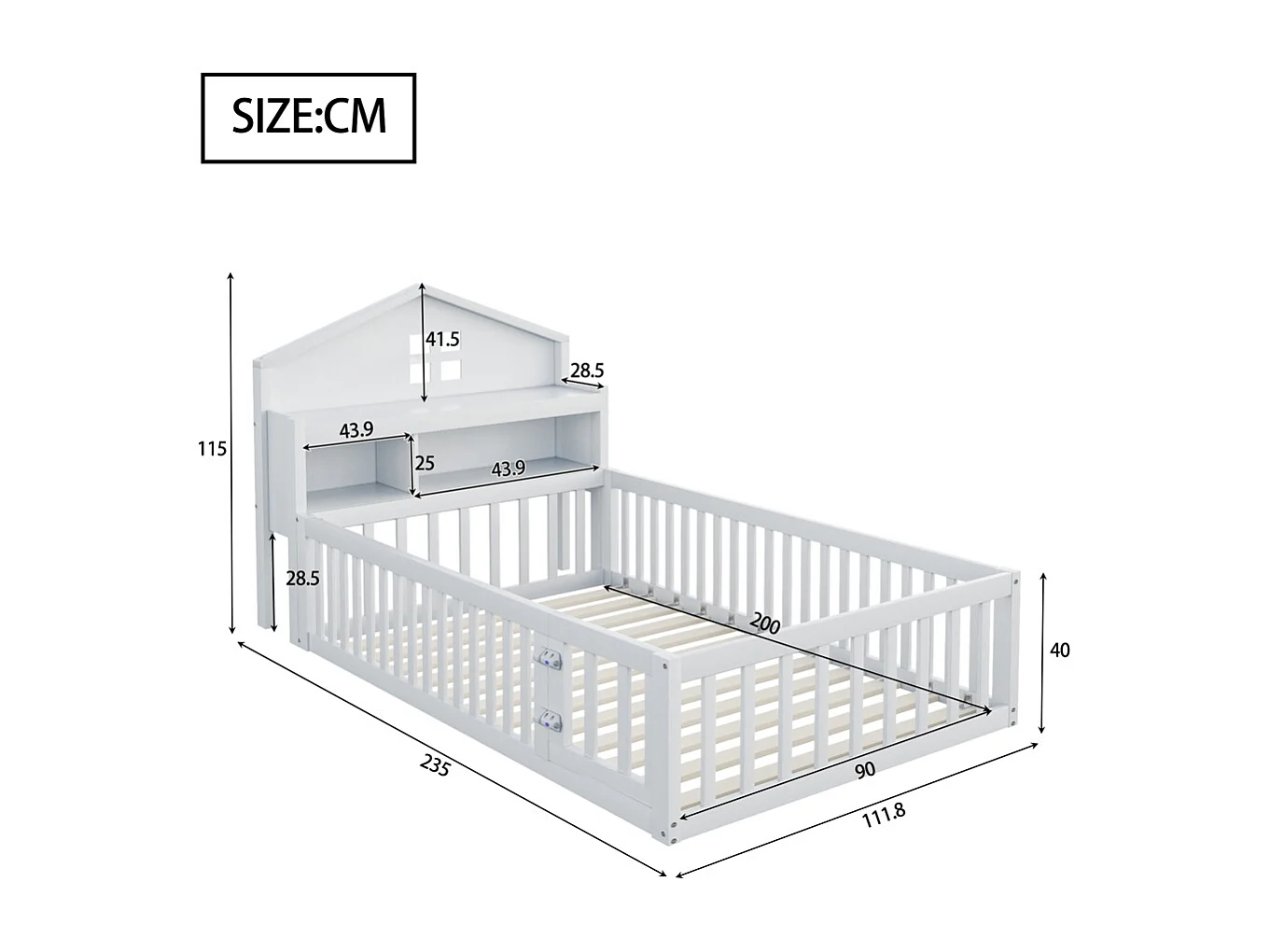 Lit enfant en bois 90x200 avec étagères et espace de rangement avec barrière de sécurité et porte avec baguette pour photos avec sommier à lattes blanc