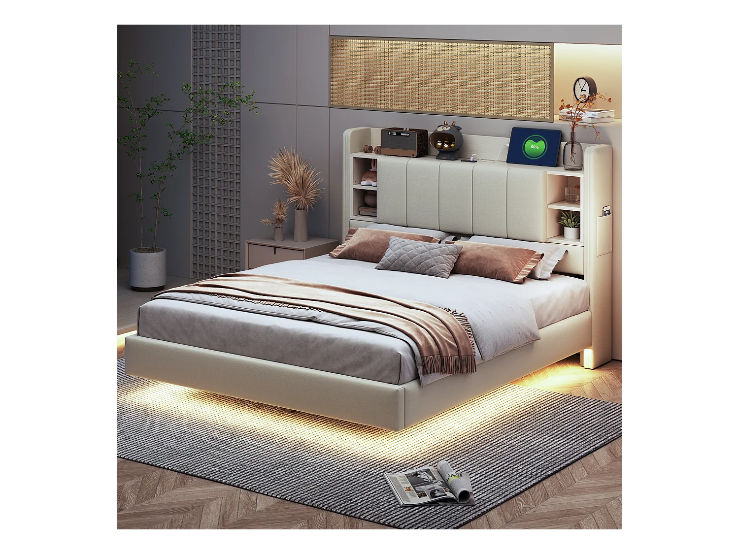 Cama tapizada, 140 x 200 cm, multifuncional, con luz LED e interfaz USB, estructura de metal, beige.