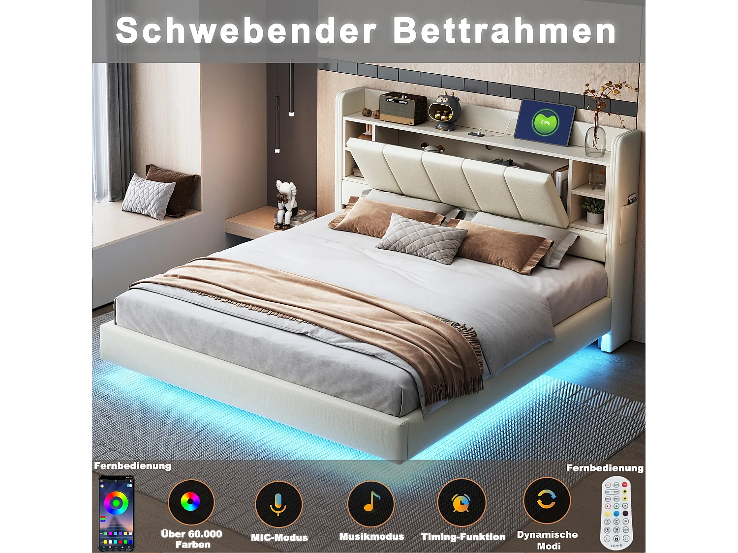 Cama estofada, 140 x 200 cm, multifuncional, com luz LED e interface USB, estrutura metálica, bege