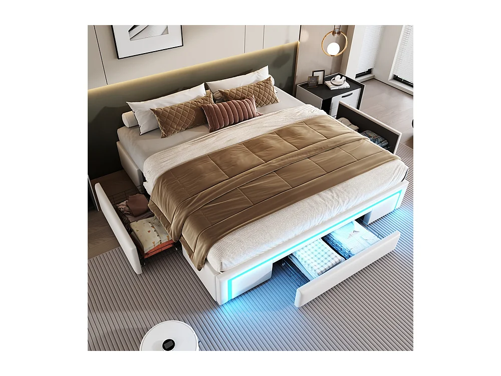 lit avec rangement 180x200 avec tiroirs lit en cuir PU sans tête de lit Avec bandeau lumineux LED sommier à lattes métalliques beige
