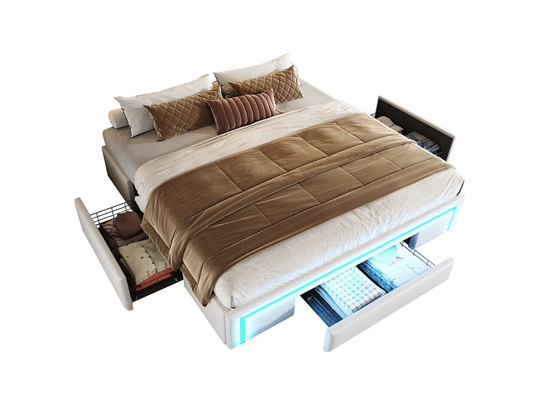 lit avec rangement 180x200 avec tiroirs lit en cuir PU sans tête de lit Avec bandeau lumineux LED sommier à lattes métalliques beige