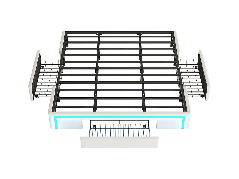 lit avec rangement 180x200 avec tiroirs lit en cuir PU sans tête de lit Avec bandeau lumineux LED sommier à lattes métalliques beige