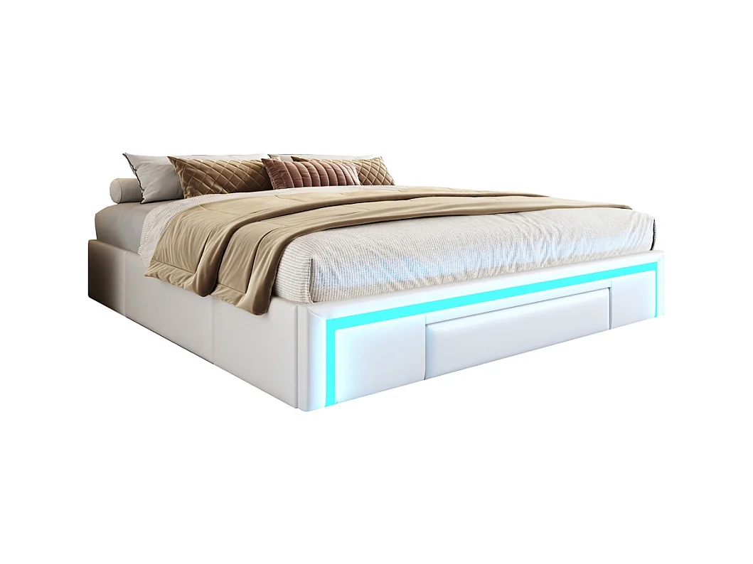 lit avec rangement 180x200 avec tiroirs lit en cuir PU sans tête de lit Avec bandeau lumineux LED sommier à lattes métalliques beige