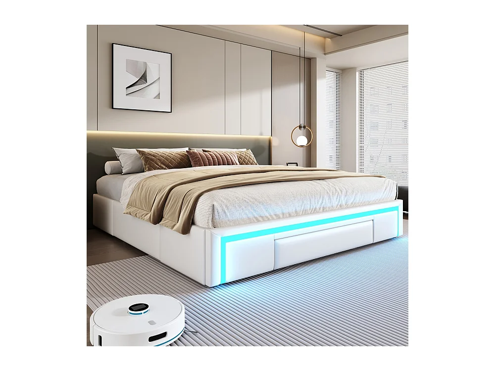 lit avec rangement 180x200 avec tiroirs lit en cuir PU sans tête de lit Avec bandeau lumineux LED sommier à lattes métalliques beige