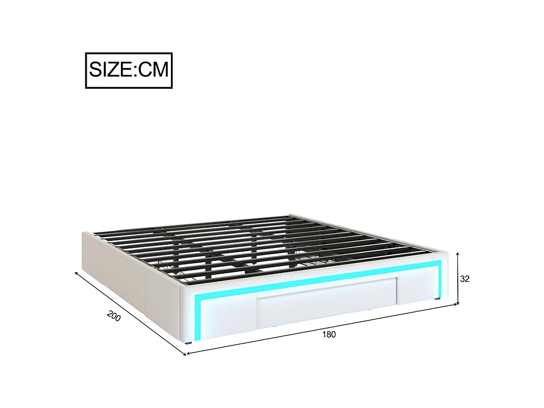 lit avec rangement 180x200 avec tiroirs lit en cuir PU sans tête de lit Avec bandeau lumineux LED sommier à lattes métalliques beige
