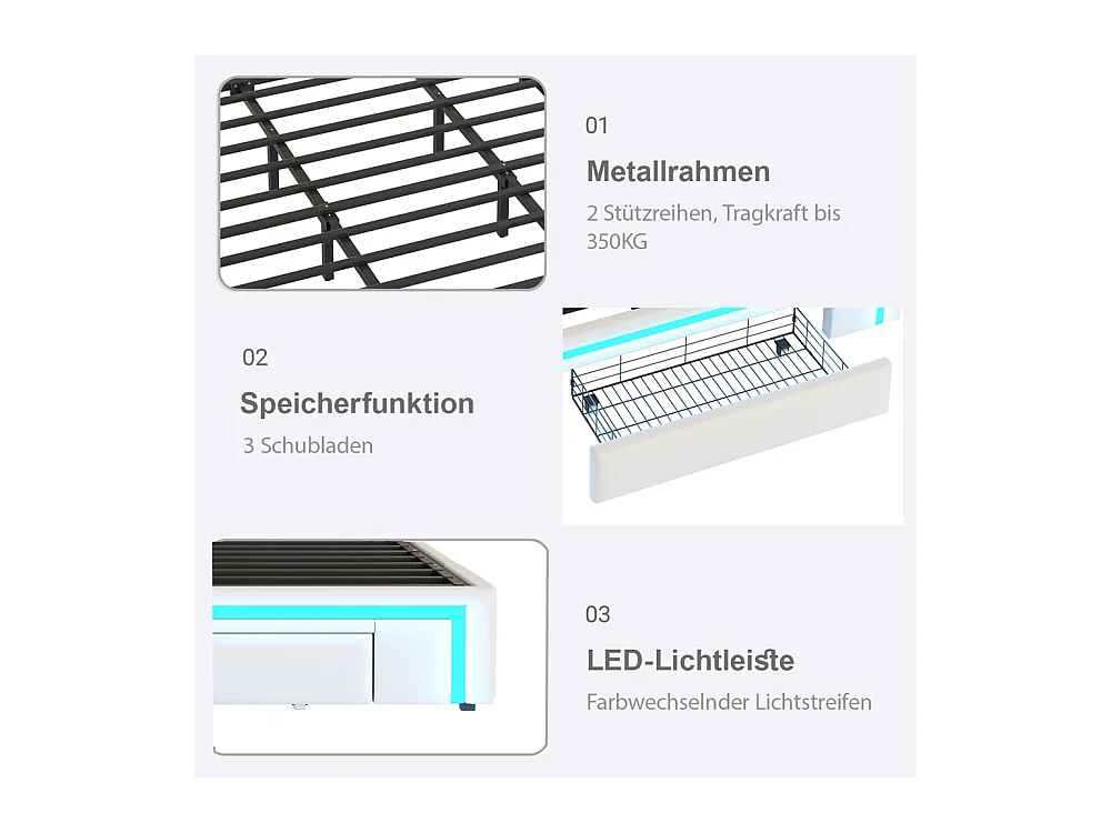 lit avec rangement 180x200 avec tiroirs lit en cuir PU sans tête de lit Avec bandeau lumineux LED sommier à lattes métalliques beige