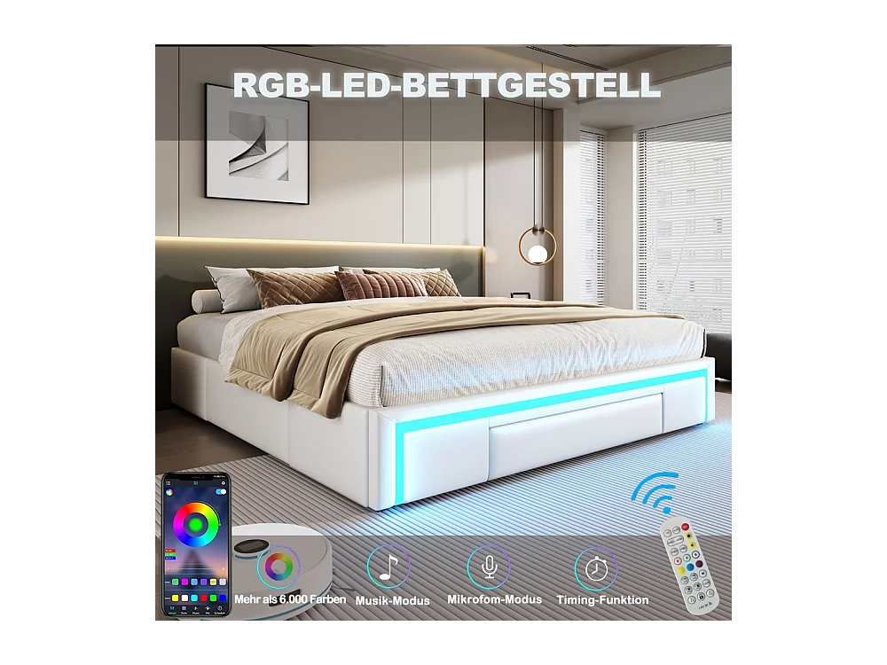 lit avec rangement 180x200 avec tiroirs lit en cuir PU sans tête de lit Avec bandeau lumineux LED sommier à lattes métalliques beige